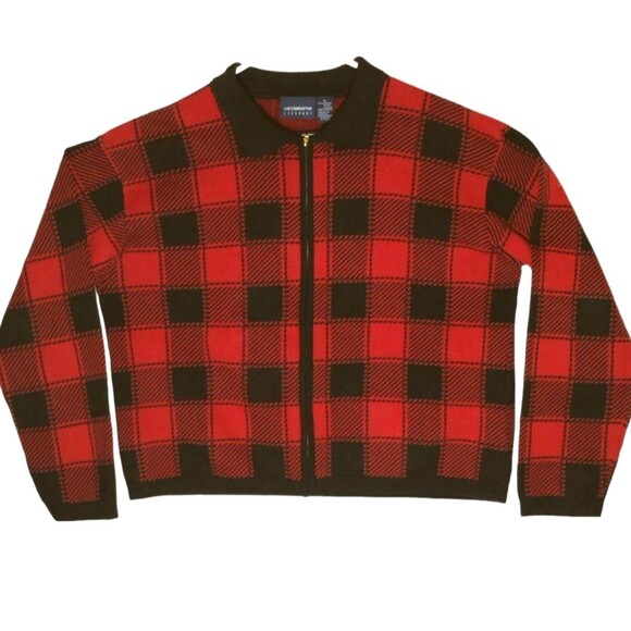 Liz Claybourne Cardigan Women's XL Red Black Buffalo Check Crop Preppy Corp Core - Picture 1 of 9